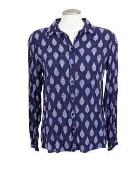 Milano Italy Womens Blouse Euro 38 Small Long Sleeve Block Print Navy Blue Boho